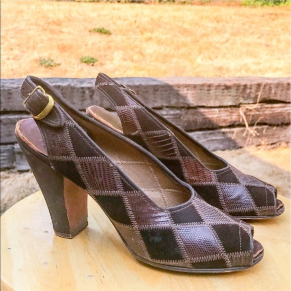 Rare Vintage 1940s Harlequin Peep Toe Heels 🐍 - Picture 2 of 7